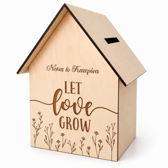 Κουτί Ευχών Γάμου Σπιτάκι «Let Love Grow» – Προσωποποιημένο Ξύλινο Κουτί Γάμου για Φακελάκια, με Εσοχή Επάνω, 25x25x40 cm  